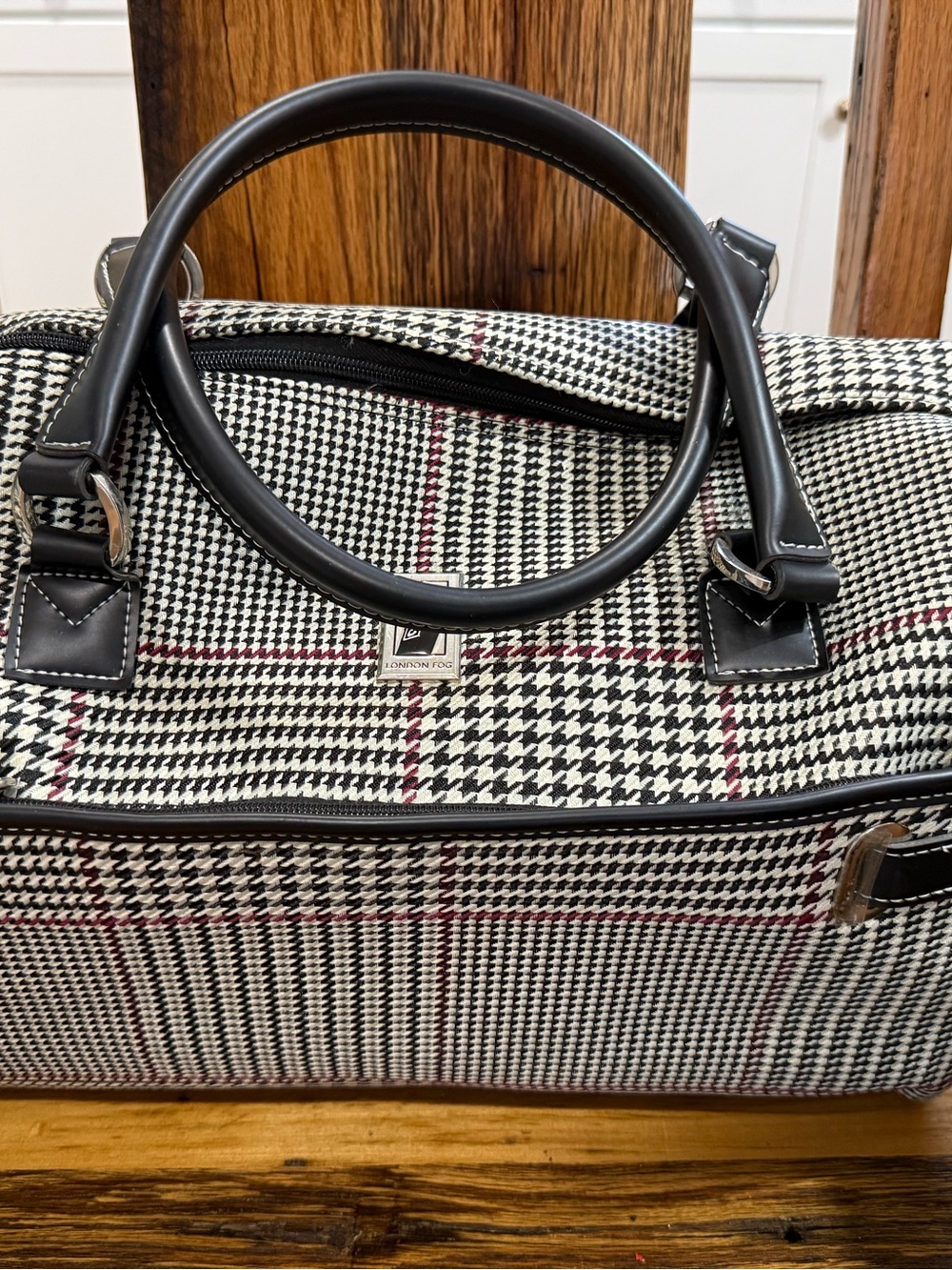 London Fog Black and White Houndstooth Carry On Bag with Red Threading